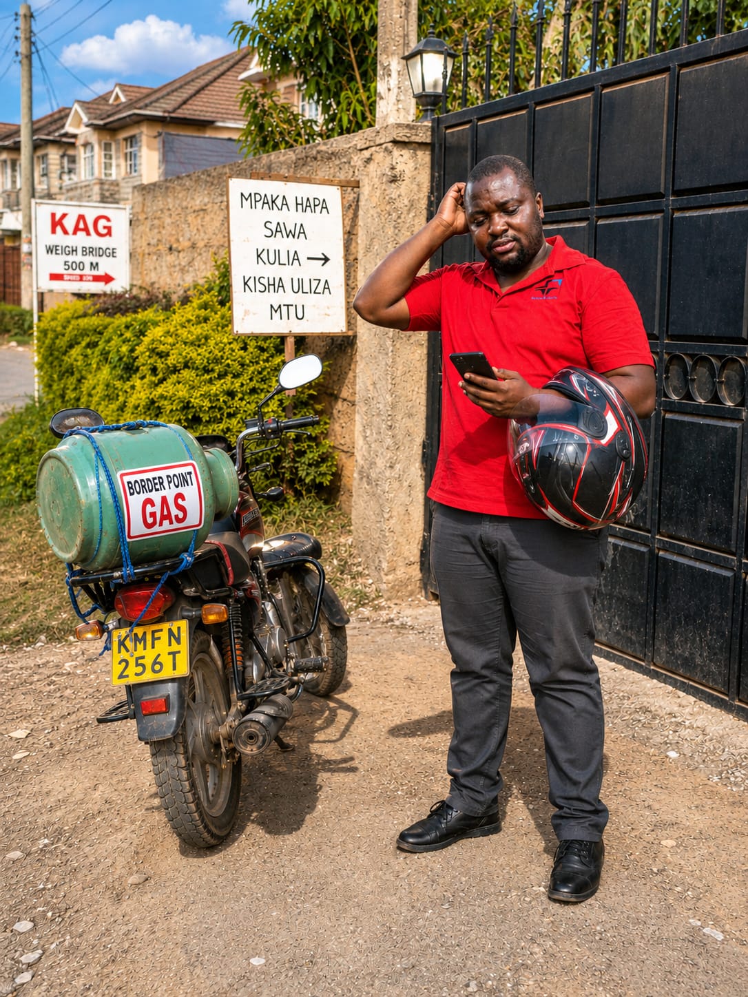 Gas delivery rider arriving at a Kitengela customer gate